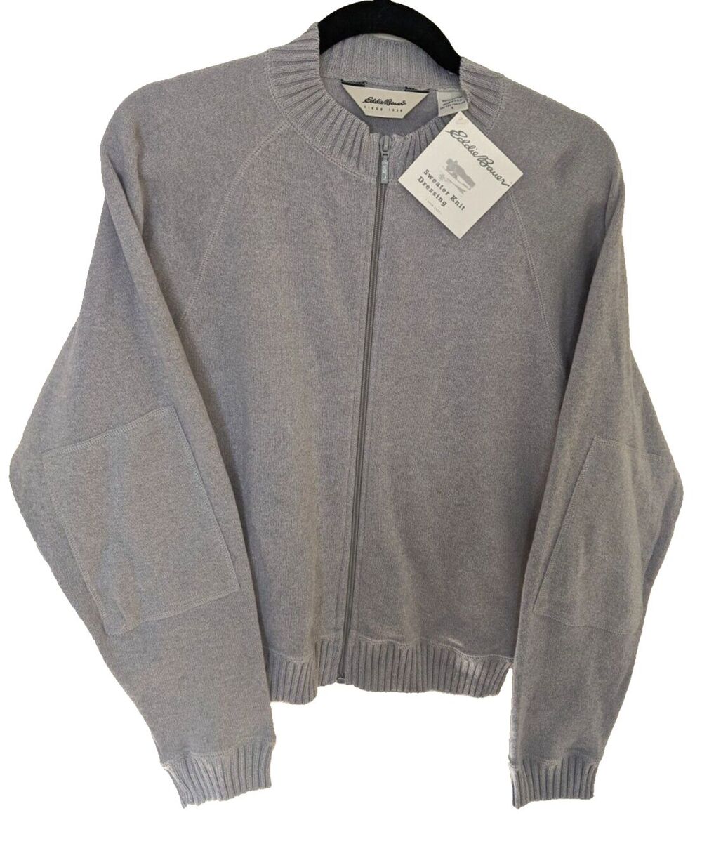 Eddie Bauer Vintage Women's Sweater Gray Knit Full Zip Cotton Made In USA Large